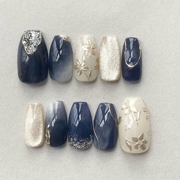 Press-On Nails  Fake nails simple wear nail peach blossom print fake nails silver cat's eye detachable nail art pieces 24 pieces