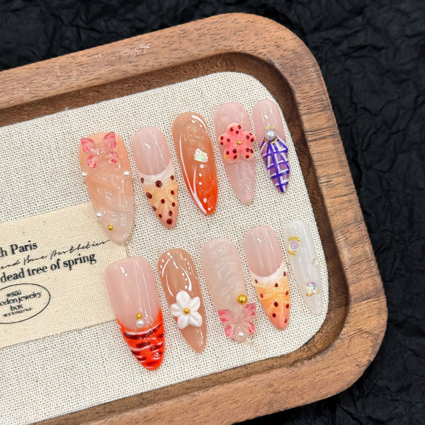 Press-On Nails Gel Nails DIY Nails Tropical holiday carved French long pointed oval dopamine wear armor