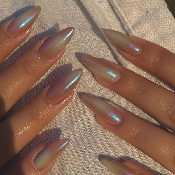 Press-On Nails Round head almond nail colorful aurora nail art European and American summer new products eye-catching fake nails finished nail art