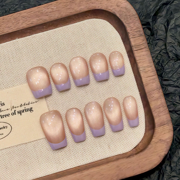 Lilac Mochi Press-On Nails – Glowing Cat Eye & French Tip Soft Matte Finish  Handmade Short Square Nails