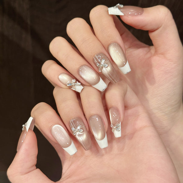 Press-On Nails Gel Nails DIY Nails Spring cat's eye French temperament gentle pure desire style girl whitening nail art pure handmade wear nail