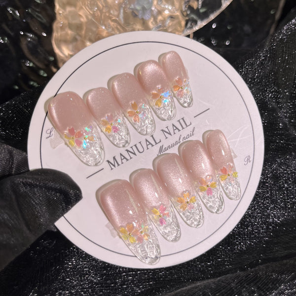 Press-On Nails Gel Nails DIY Nails phototherapy wearing nail cherry blossom drunk nude porcelain white cat's eye cherry blossom sequins handmade wearing nails