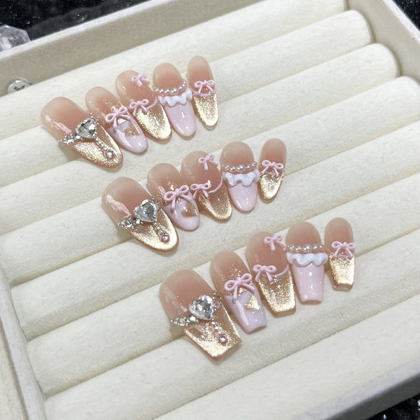 Press-On Nails Gel Nails DIY Nails Semi-saccharideism handmade light therapy wearing nail cat's eye bow gentle French wearing nail finished product