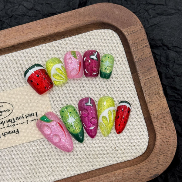Press-On Nails Gel Nails DIY Nails 【Fruit Party】Summer New Painted Fruit Cat's Eye Carved White High-end Handmade Wearing Armor