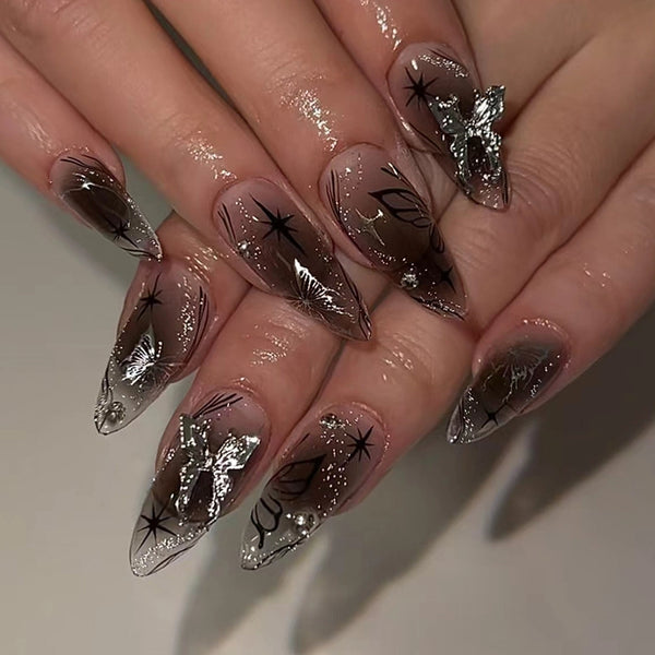 Press-On Nails  Wearing nail pieces, fine flashing fake nails, dark smudge fake nails, butterflies, detachable nail art pieces, diamonds, 24 pieces