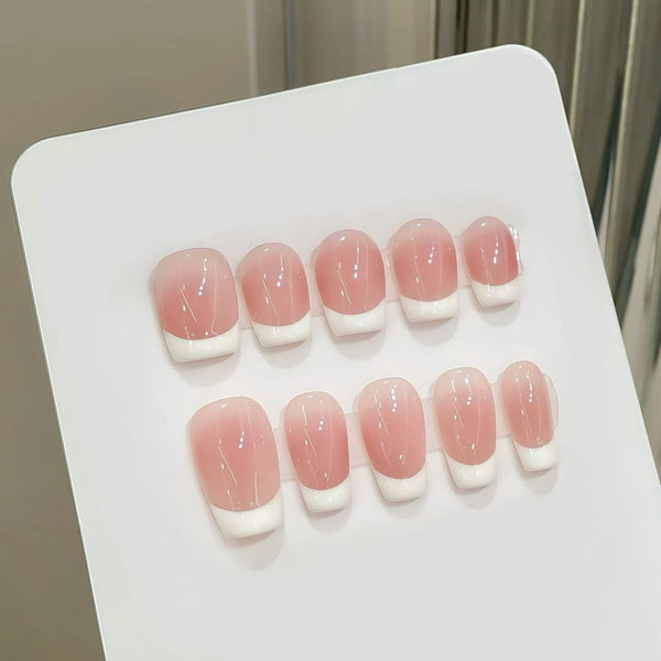 Classic French Tip Press-On Nails – Soft Pink Ombre & Nude Shade  Short COFFIN Natural Look Handmade & Easy to Apply