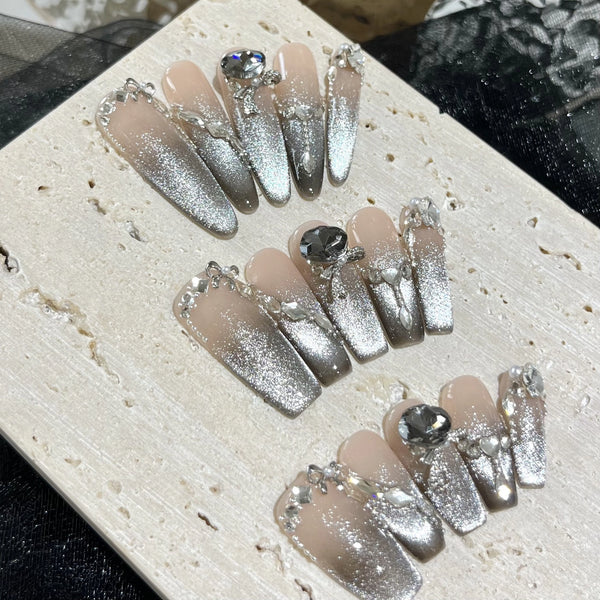 Press-On Nails Gel Nails DIY Nails Black and clever handmade wearable nails, light luxury, high-end square diamond flashing French black cat-eye wearable nail patches