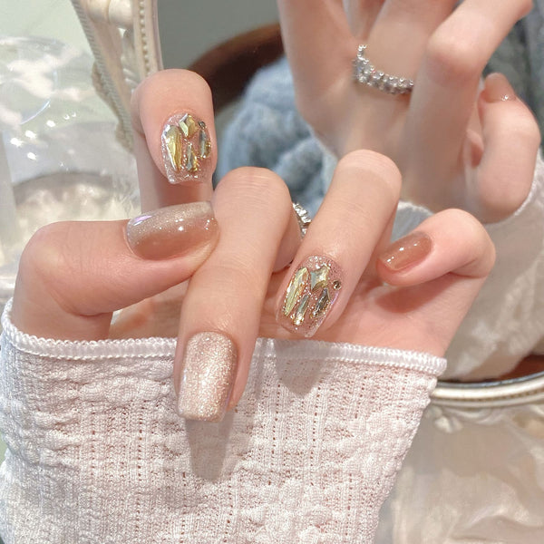 Champagne Crystal Galaxy Cat Eye Press-On Nails