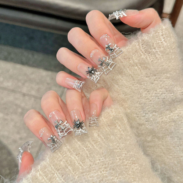 Press-On Nails Gel Nails DIY Nails Chrome Hearts Cross Hand-painted French Spider Web Style Duckbill Armor Removable Wearable Armor