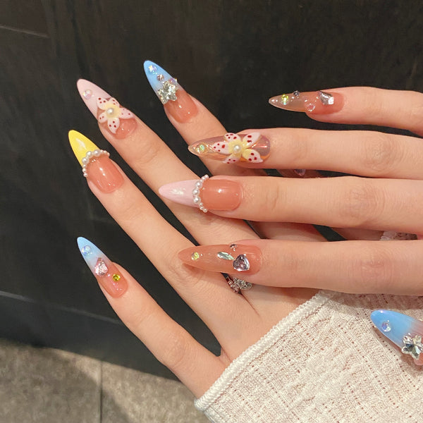 Press-On Nails Gel Nails DIY Nails Almond Island Nightingale Carved Hand-painted Pinch Spring and Summer Patch Removable Pure Hand-wearing Armor