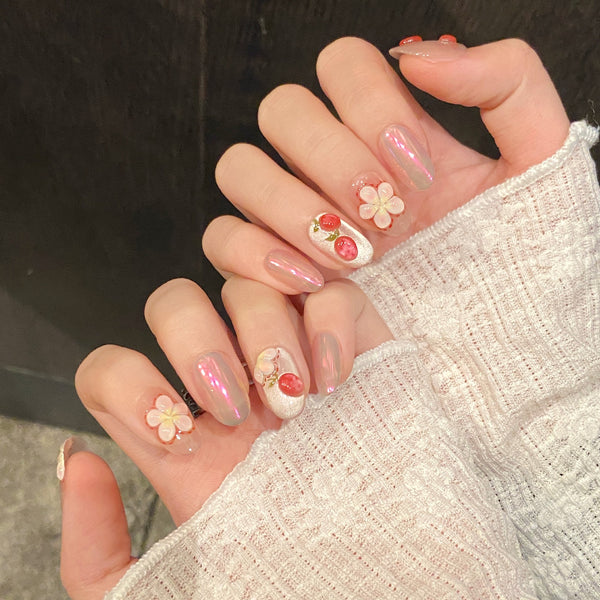Press-On Nails”、“Gel Nails”、“DIY Nails Three-dimensional hand-pinched strawberry painted flowers spring and summer cross-border short pure hand-made wearable nails