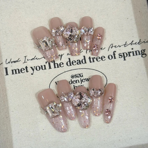 Press-On Nails Gel Nails  DIY Nails  Pure handmade nail piece Peach Blossom Island real shot gold foil fragments cat's eye white temperament wearing nail art products