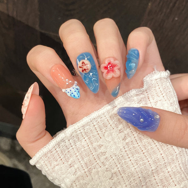 Press-On Nails Gel Nails DIY Nails  three-dimensional carved jellyfish summer ocean style three-dimensional pure hand-made wearable armor