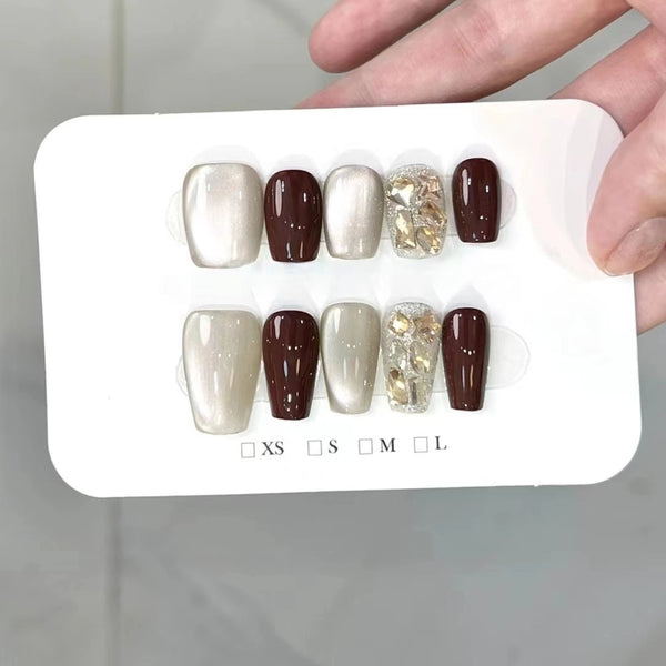 Press-On Nails Gel Nails DIY Nails Press-On Nails、Gel Nails、DIY Nails Pure handmade light therapy wearing nails, cherries, champagne, cat's eyes, burgundy, New Year's nail art, whitening, autumn and winter, with diamonds, bursting sparkle