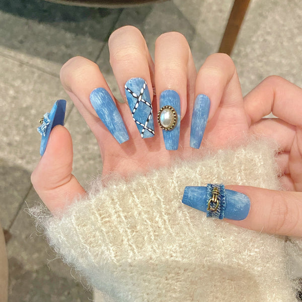Press-On Nails Gel Nails DIY Nails Denim style, cross manicure, nail wear, denim, raw edges, handmade original design, bias cut, hand-painted