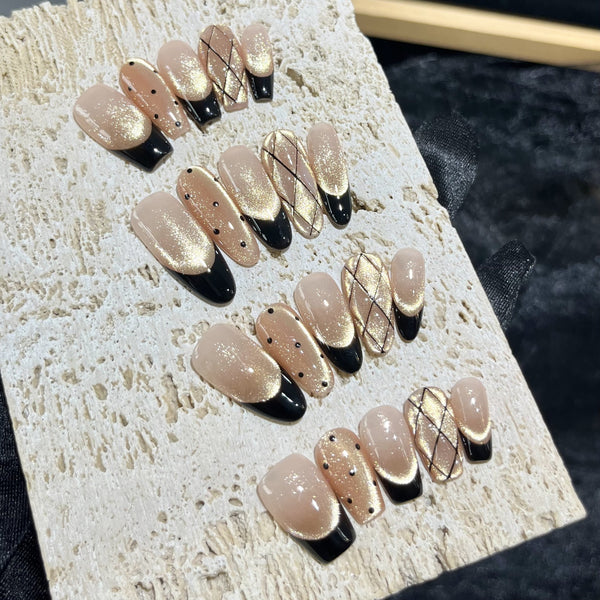 Press-On Nails Gel Nails DIY Nails Pure handmade light therapy wearing nail black gold fragrant grandma black French polka dot diamond check handmade wearing nail patch