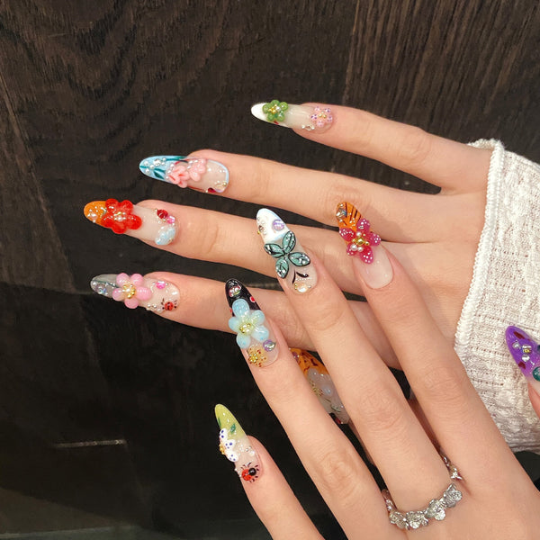 Summer Isle Fairy – 3D French Floral & Insect Hand-Painted Press-On Nails