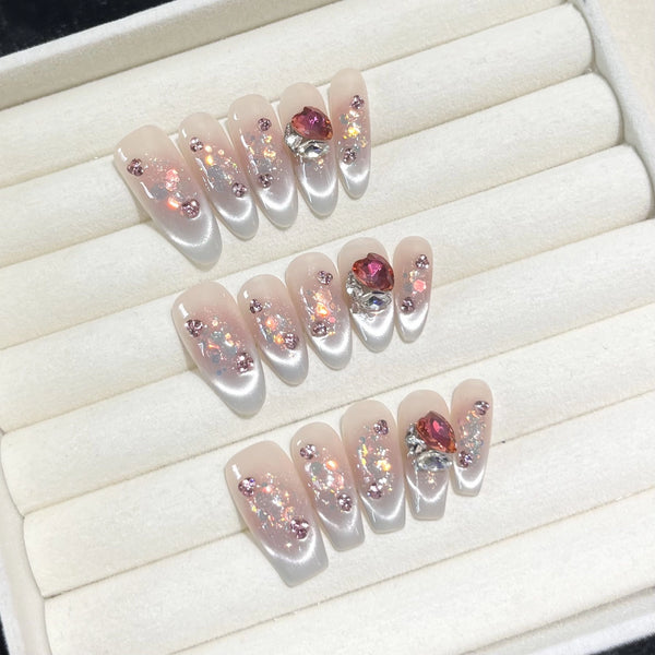 Press-On Nails Gel Nails DIY Nails Pure handmade phototherapy, wearing nails, ice through blue cheeks, blue cat's eye, sequins, broken diamonds, white, daily wear nails