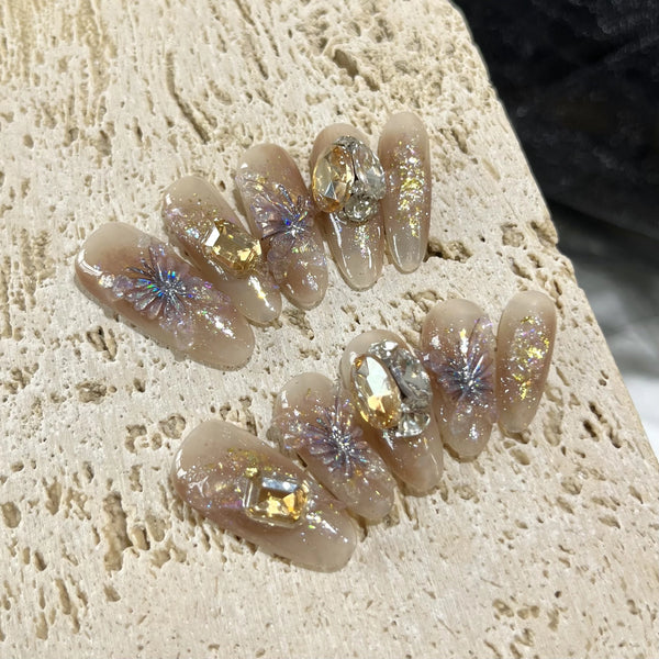 Press-On Nails Gel Nails DIY Nails Rose Butterfly Pure Handmade Wearing Nail Caramel Golden Brown Maillard Crystal Stone Heavy Industry Nail Art False Nails