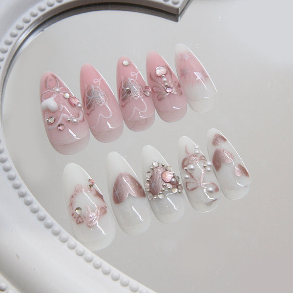 Press-On Nails  Sweet nail patch detachable nail bow fake nail cute wearable nail art piece diamond 24 pieces