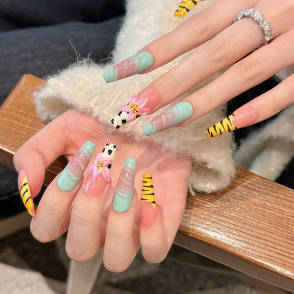 Handmade Press-On Nails – Summer Zebra Print with 3D Lotus Accent