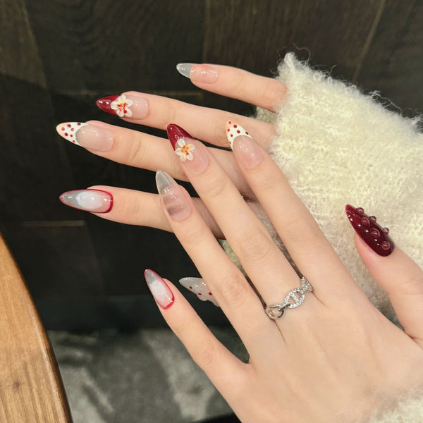 Elegant Floral French Press-On Nails – 3D White Daisies on Red & White Base