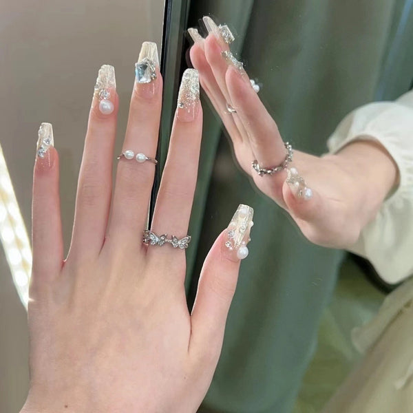 Press-On Nails Handmade phototherapy wearable nails, dazzling crushed diamonds, brightening champagne color, magical mirror powder, custom nail art