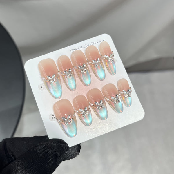 Press-On Nails Flowing fluorescent aurora cat's eye French handmade light therapy wears nail temperament nail sticker finished products