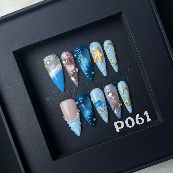 Handmade Press-on Nails – Ocean Blue 3D Art Design