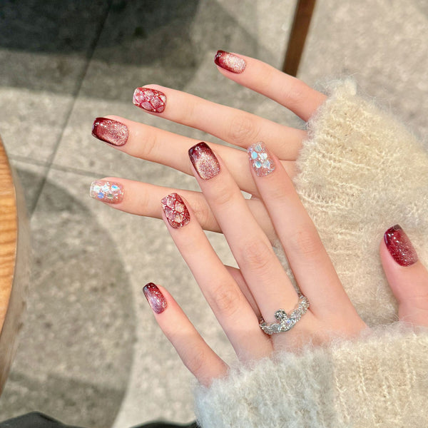 Juicy Raspberry White & Wine Red French Cat Eye Press-On Nails