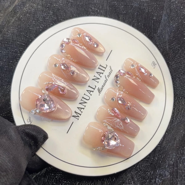 Handmade phototherapy wears nails, first love Louis, blush, cat's eye, butterfly appliance, diamond manicure, white and clear fairy