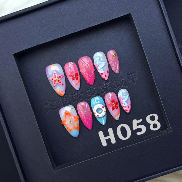 Custom Dopamine Press-on Nails - Intricate Hand-painted Floral Carvings