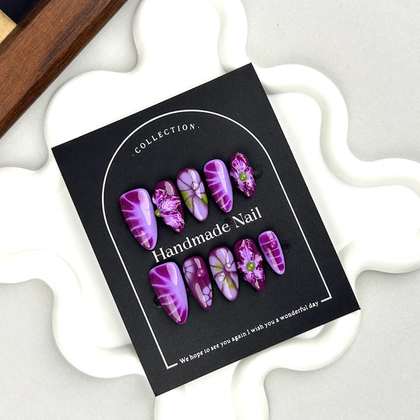 Hand-Carved Purple Floral Press-On Nails – Elegant 3D Design