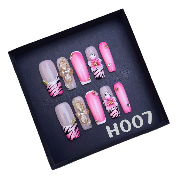 Fantasy Angel Handmade Press-On Nails – 3D Rose Gold Floral & Zebra French Tips