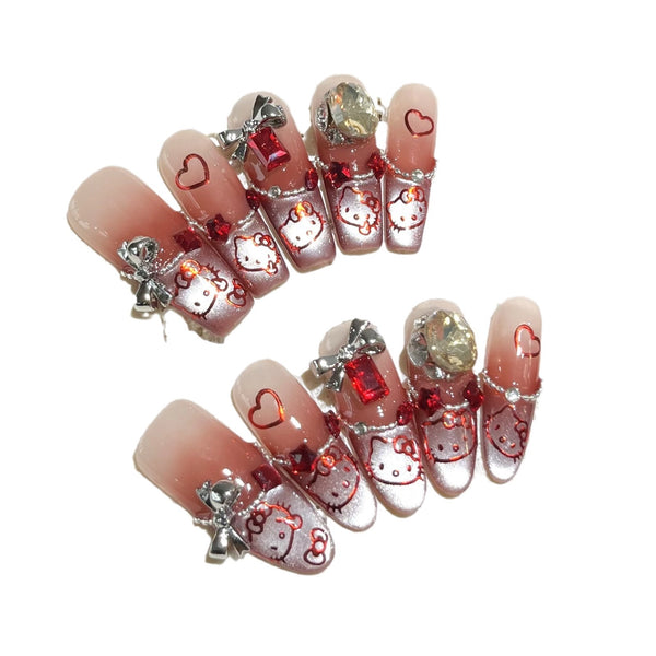 Press-On Nails Gel Nails DIY Nails Red KT Cat Handmade Phototherapy Wearing Nail Personality White Cat Eyes Sweet Cool Babes KT Cat Wearing Nail Finished Products