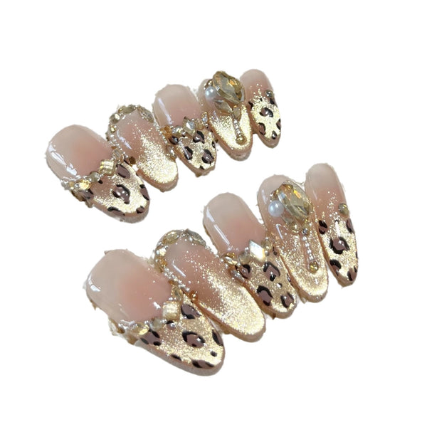 Press-On Nails Gel Nails DIY Nails Sunset melted gold, high-end atmosphere, handmade wearing nails, cat's eyes, French leopard print, demon gold nail patches