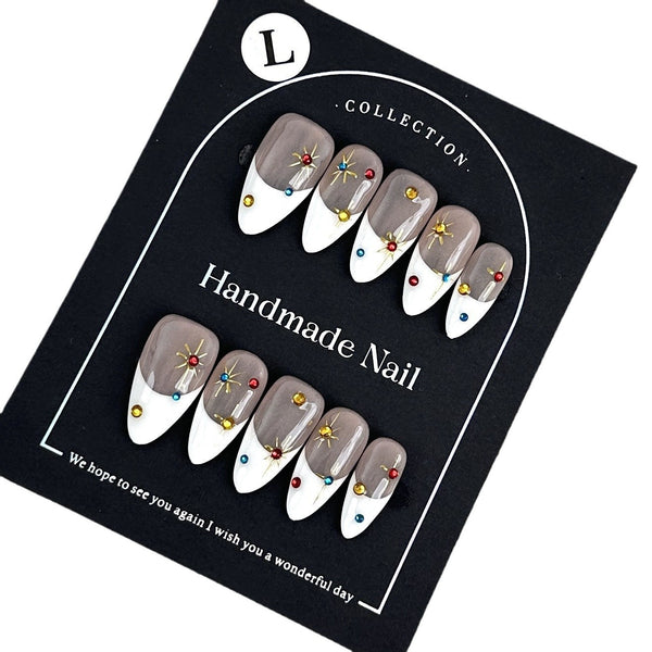 Elegant White French Tip Press-On Nails – Minimalist Diamond Accents