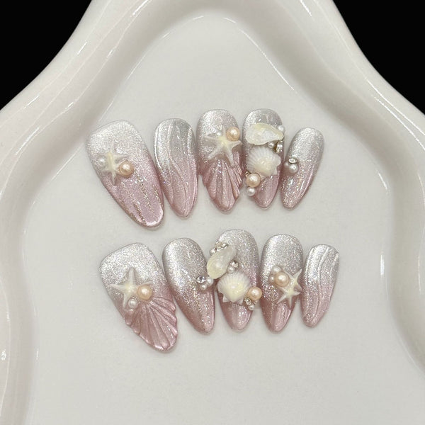 3D Pearl Shell Starfish Cat-Eye Press-On Nails – Elegant & Glamorous Manicure Set