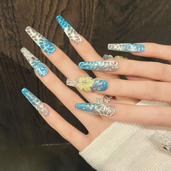 Press-On Nails Gel Nails DIY Nails Ocean summer waves long wear armor 3d carving