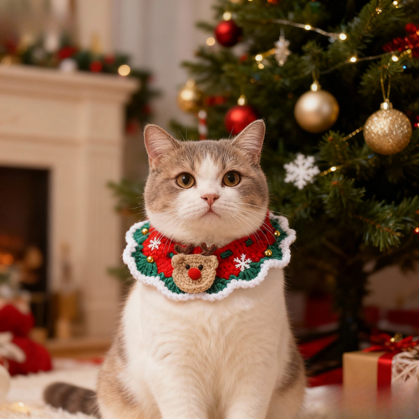 Christmas Cat Bandana Bib, Adjustable Knitted Necktie Scarf for Cats, Holiday Pet Decoration