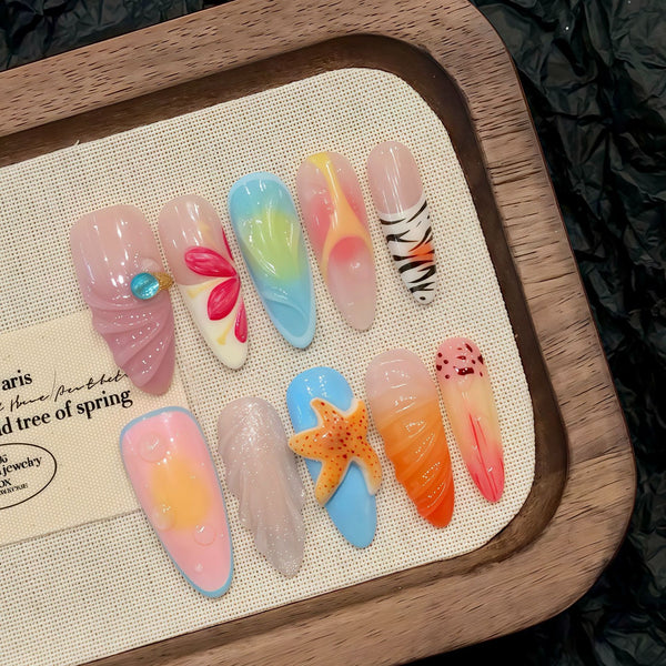 Press-On Nails Gel Nails DIY Nails Transparent floral carved gradient French ice transparent high-end hand-worn nails