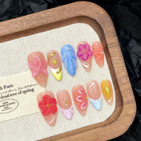 Press-On Nails Gel Nails DIY Nails Transparent floral carved gradient French ice transparent high-end hand-worn nails