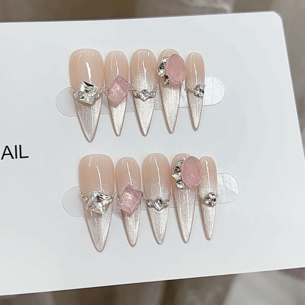 Press-On Nails Gel Nails DIY Nails Handmade light therapy wearable nail cat eye pink melody