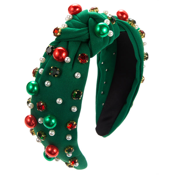 Christmas Pearl Headband with Red & Green Rhinestones, Women's Festive Hair Accessory